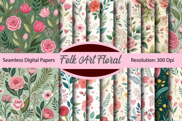 Download Folk Art Floral Valentine Digital Paper - Art Collection