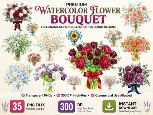 Download Watercolor Flower Bouquet Clipart Bundle - Art Collection